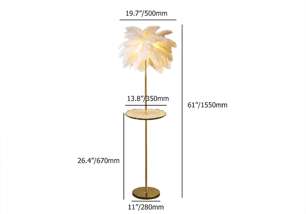 HMR Loftus Art Deco Rose Gold Floor Lamp with Feather Shade Tree Standing Lamp - White, With Shelf