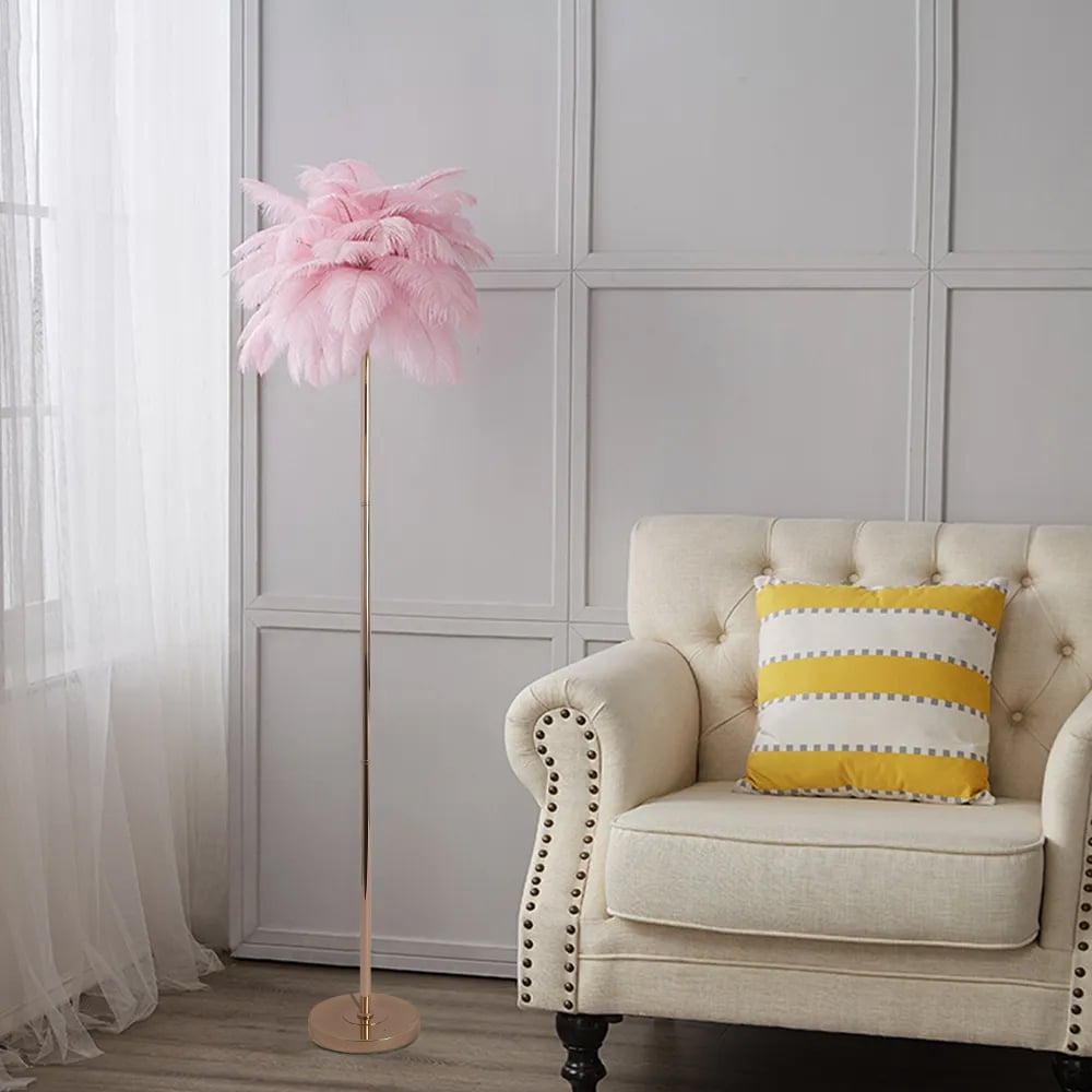 HMR Loftus Art Deco Rose Gold Floor Lamp with Feather Shade Tree Standing Lamp - Pink, Without Shelf