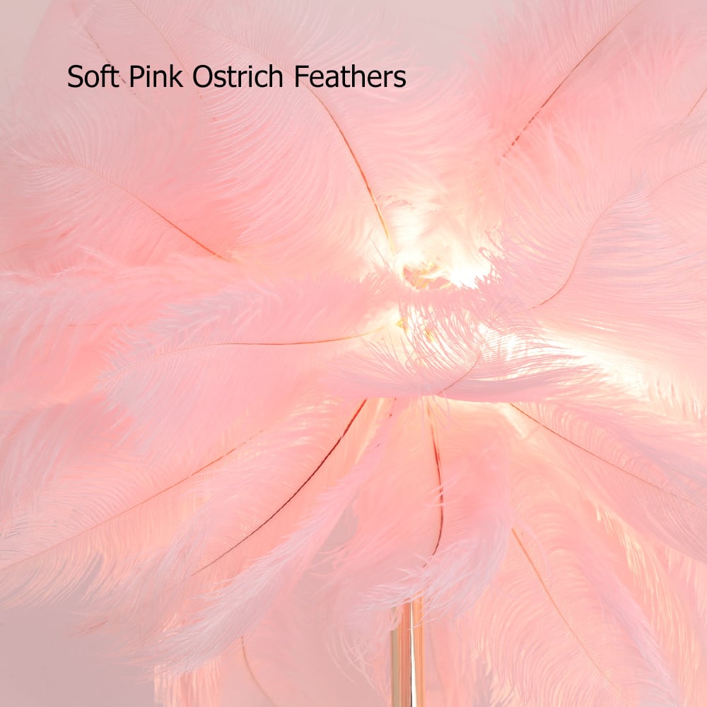 HMR Loftus Art Deco Rose Gold Floor Lamp with Feather Shade Tree Standing Lamp - Pink, Without Shelf