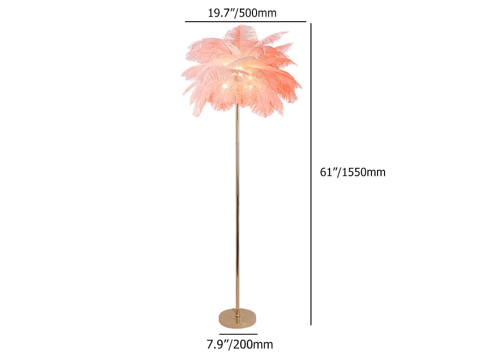 HMR Loftus Art Deco Rose Gold Floor Lamp with Feather Shade Tree Standing Lamp - Pink, Without Shelf
