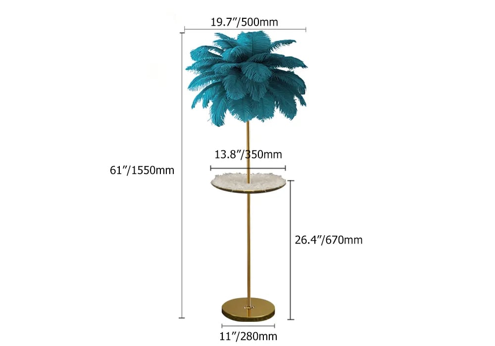 HMR Loftus Art Deco Rose Gold Floor Lamp with Feather Shade Tree Standing Lamp - Green, With Shelf