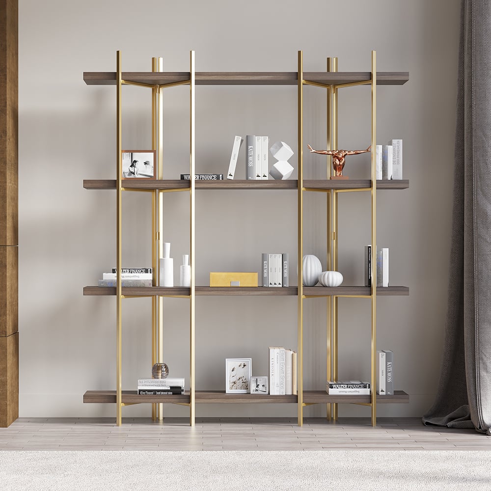 HMR - Modern 70.9" Standing Etagere Bookshelf with Open Storage in Walnut & Gold