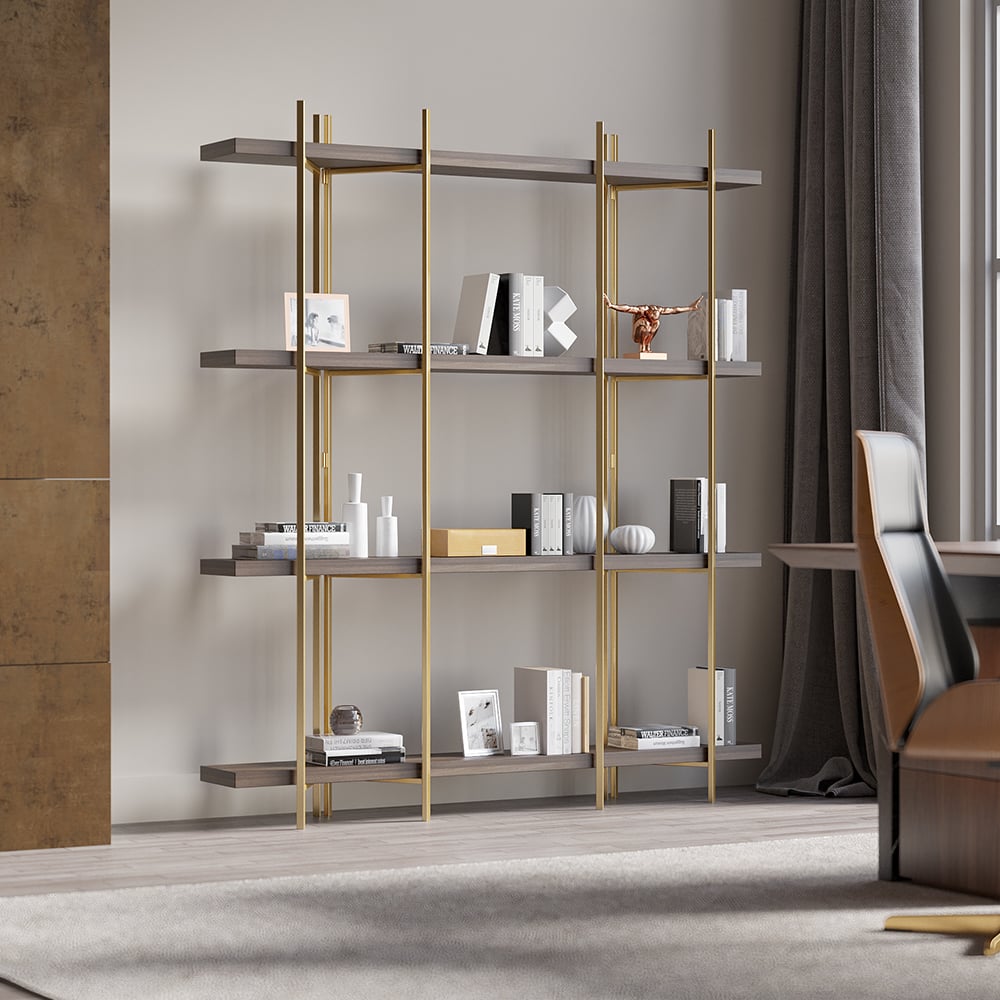 HMR - Modern 70.9" Standing Etagere Bookshelf with Open Storage in Walnut & Gold