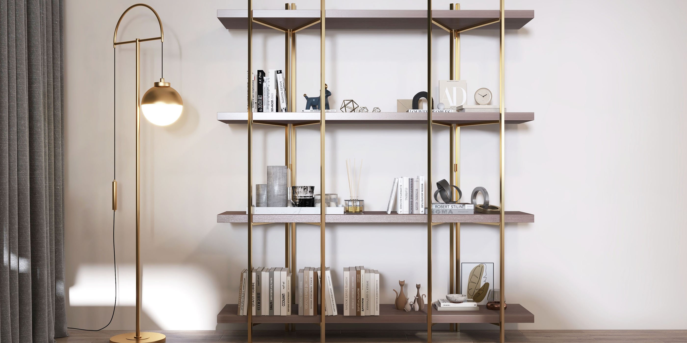 HMR - Modern 70.9" Standing Etagere Bookshelf with Open Storage in Walnut & Gold