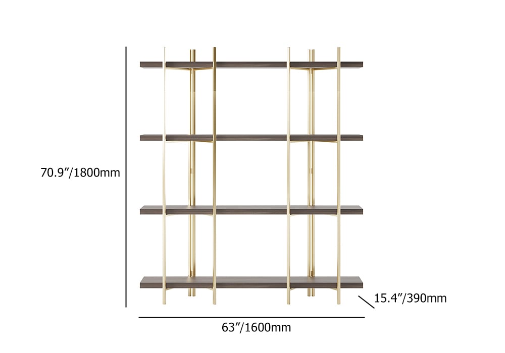 HMR - Modern 70.9" Standing Etagere Bookshelf with Open Storage in Walnut & Gold