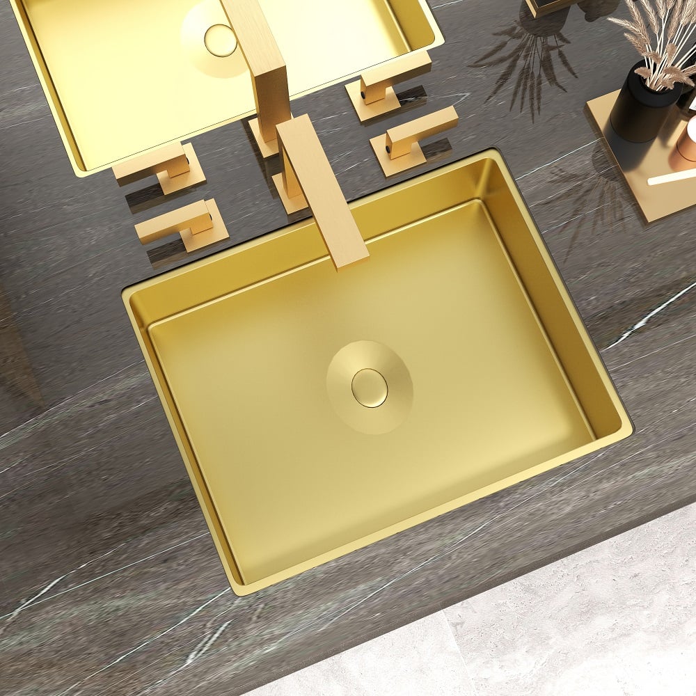 HMR Luxury Stainless Steel Rectangular Sink Undermount Bathroom Wash Sink - Gold
