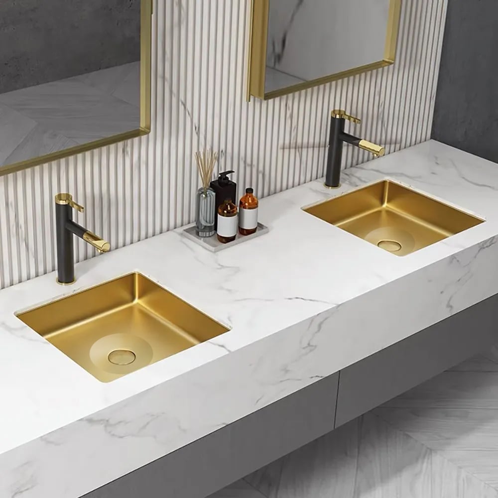 HMR Luxury Stainless Steel Rectangular Sink Undermount Bathroom Wash Sink - Gold