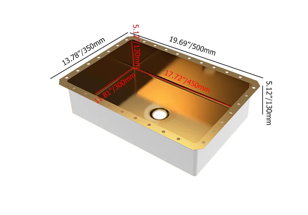 HMR Luxury Stainless Steel Rectangular Sink Undermount Bathroom Wash Sink - Gold