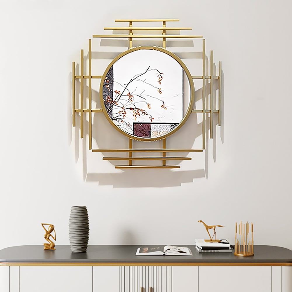 HMR - 28" Luxury 3D Geometric Gold Metal Wall Mirror Overlapping Home Decor for Entryway