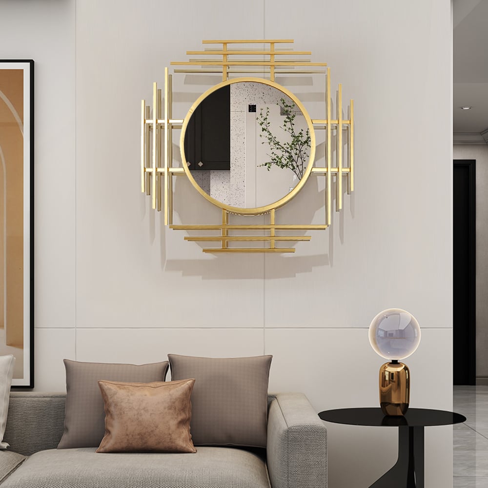 HMR - 28" Luxury 3D Geometric Gold Metal Wall Mirror Overlapping Home Decor for Entryway