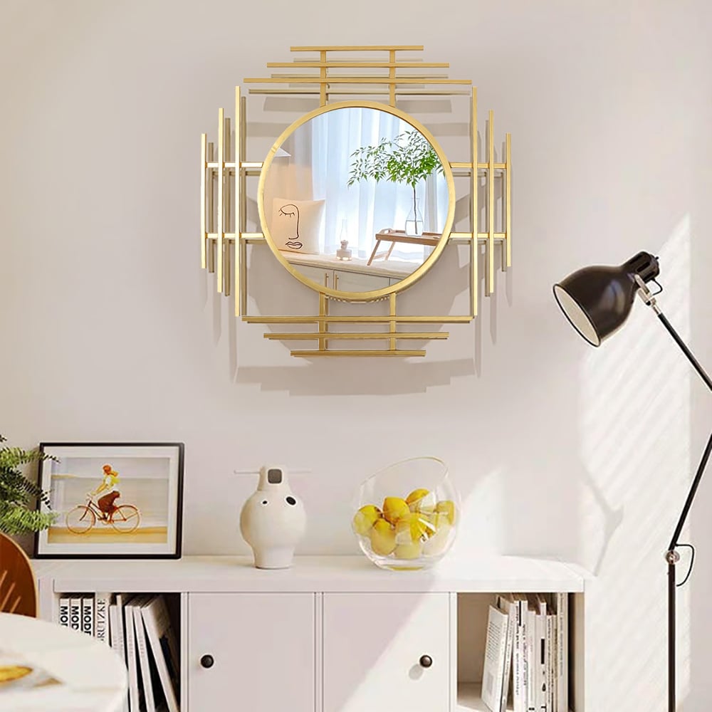 HMR - 28" Luxury 3D Geometric Gold Metal Wall Mirror Overlapping Home Decor for Entryway