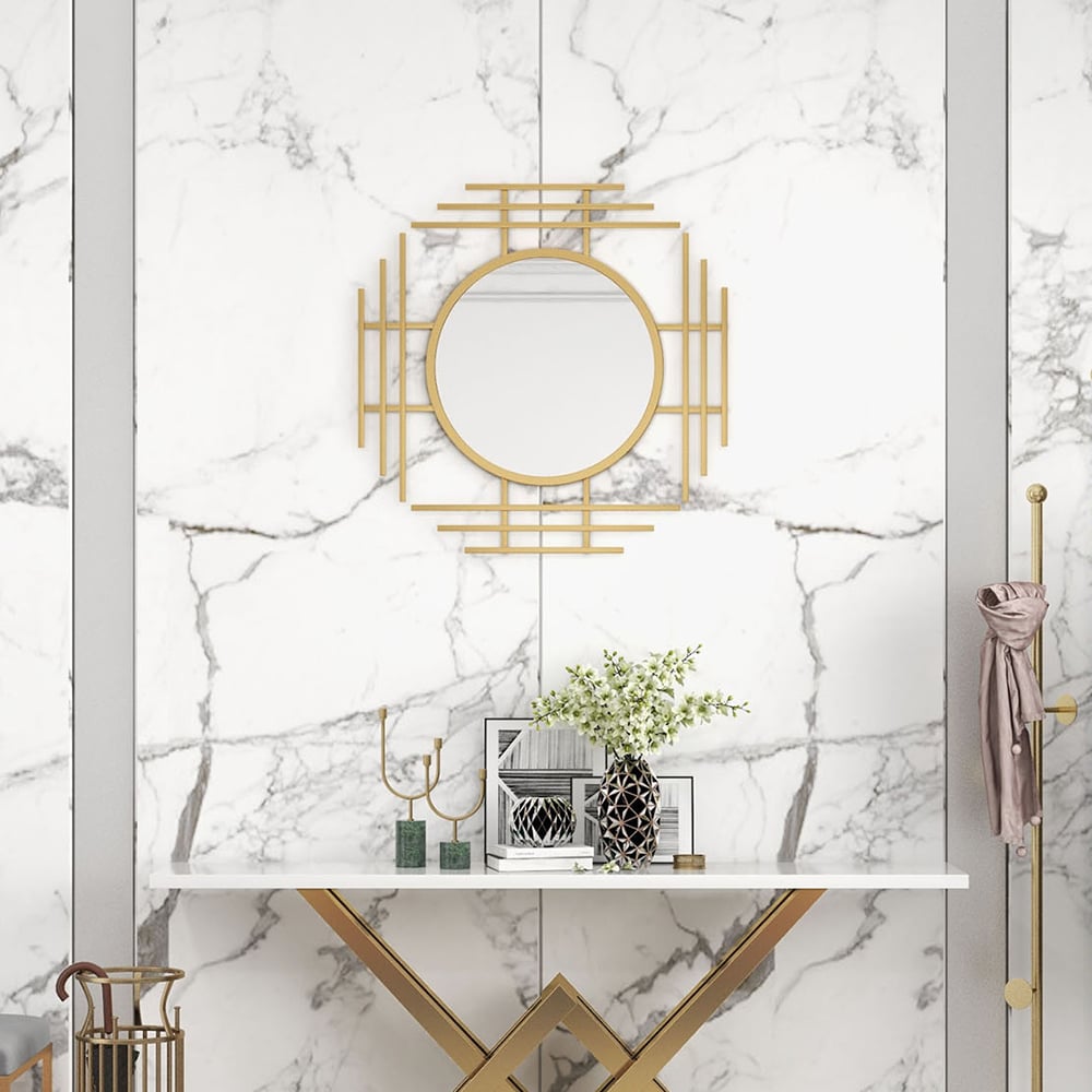 HMR - 28" Luxury 3D Geometric Gold Metal Wall Mirror Overlapping Home Decor for Entryway