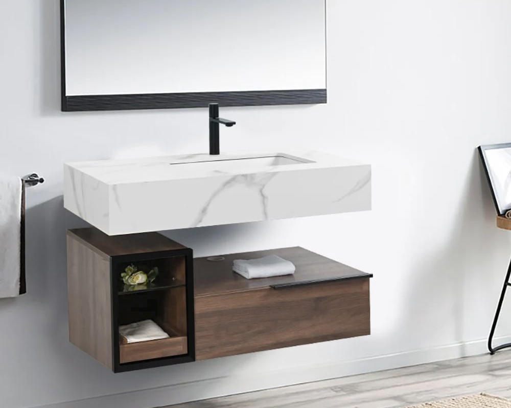 HMR Wall-Mounted Bathroom Vanity Faux Marble Top with 2 Shelves & 1 Drawer - 39"