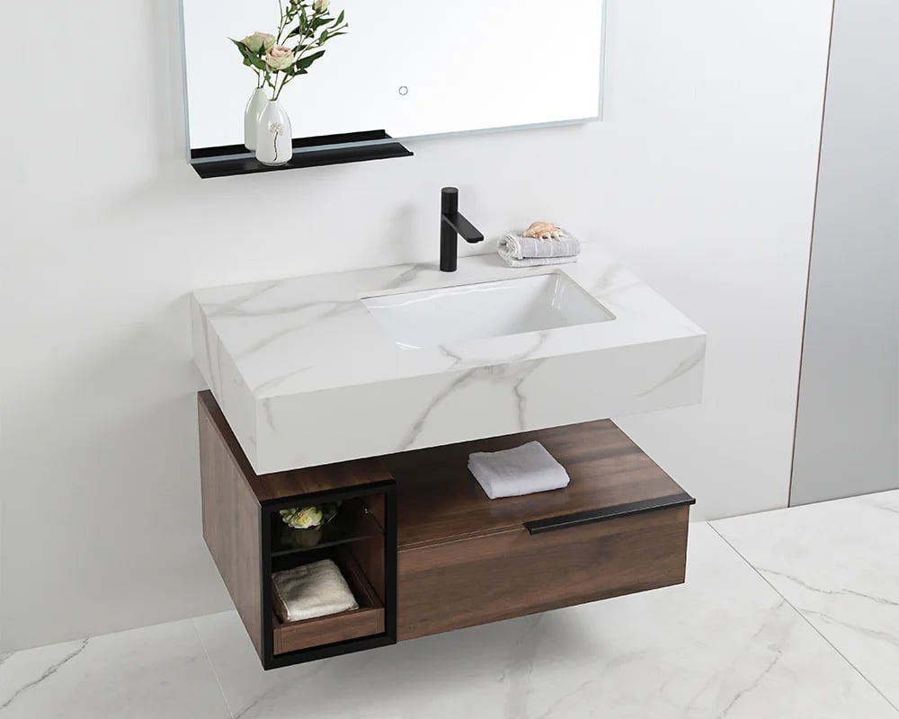 HMR Wall-Mounted Bathroom Vanity Faux Marble Top with 2 Shelves & 1 Drawer - 39"