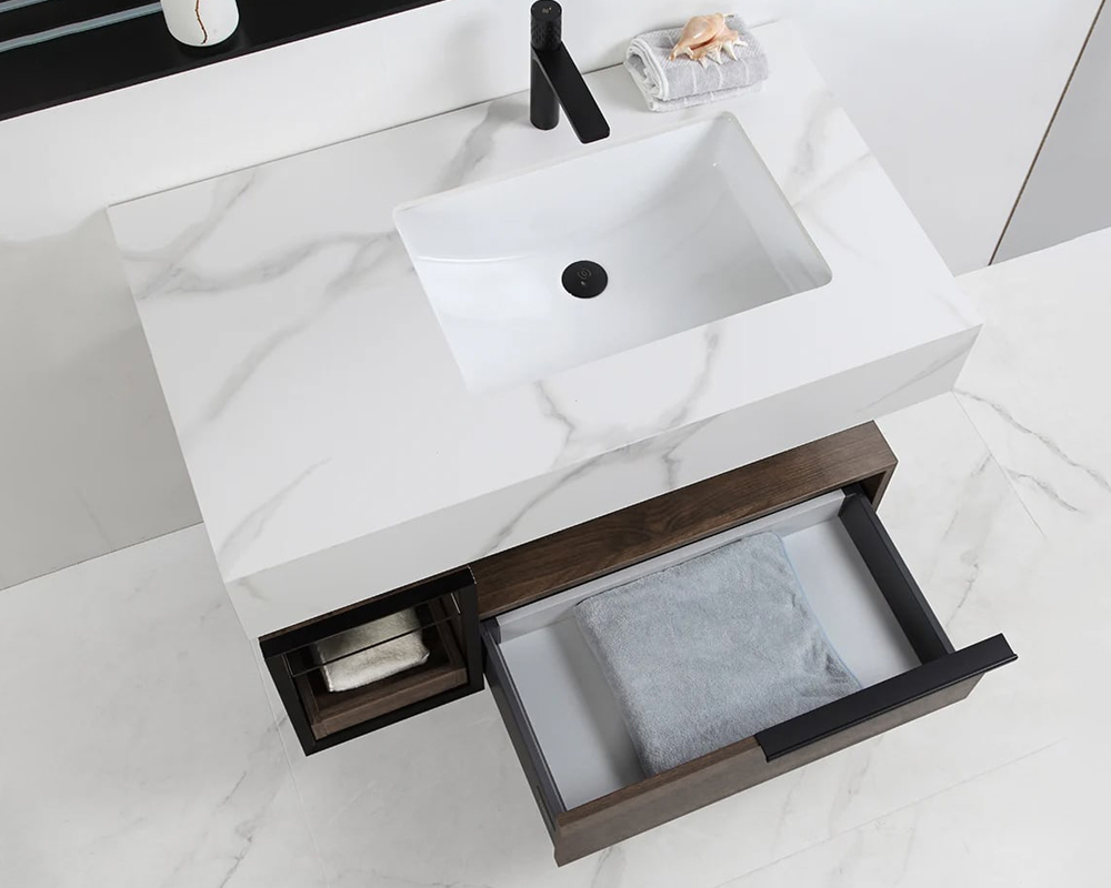 HMR Wall-Mounted Bathroom Vanity Faux Marble Top with 2 Shelves & 1 Drawer - 39"