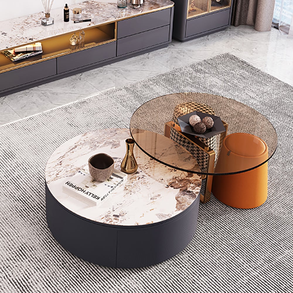 HMR - 4-Piece Round Swivel Coffee Table Set with 2 Ottomans