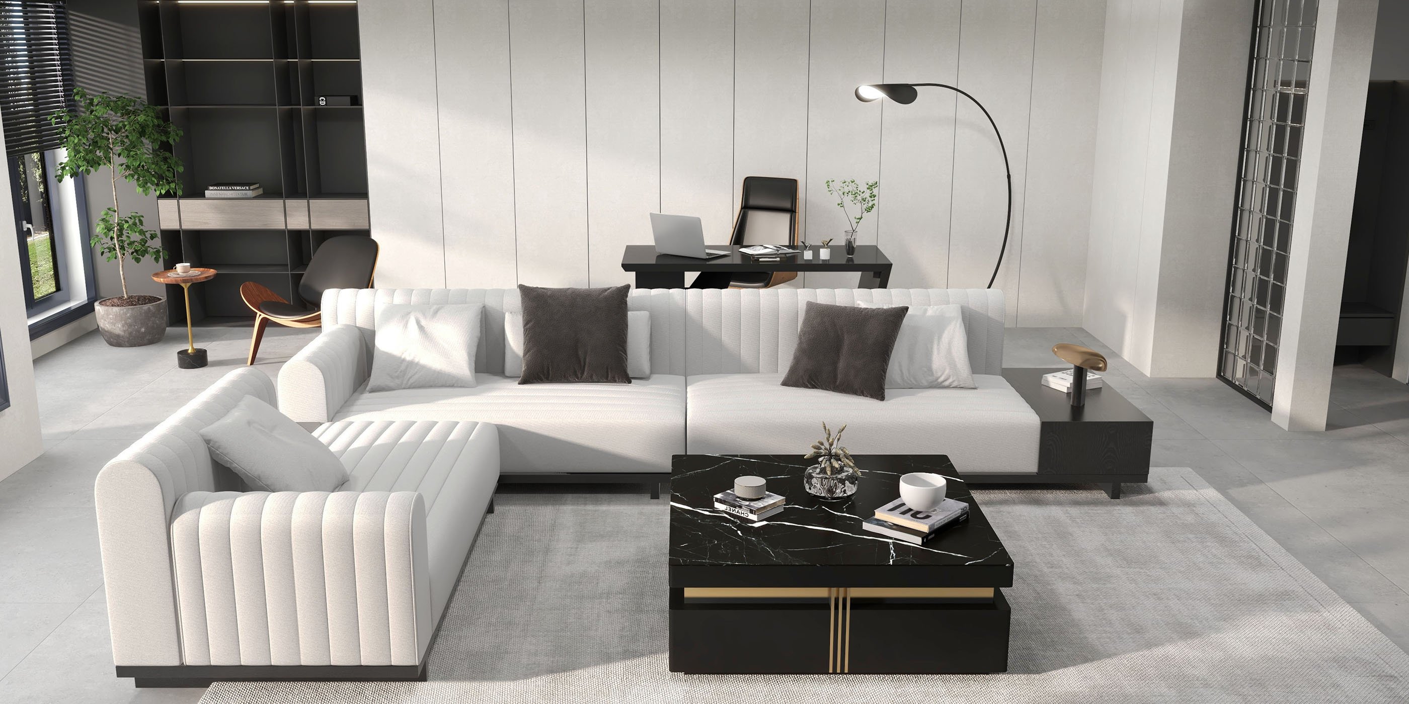 HMR Trimied Modern Square Storage Coffee Table Stone Top with 4 Wood Drawers - Black, 43"