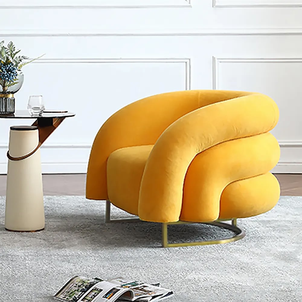 HMR - Creative & Modern Yellow Solid Wood & Velvet Accent Chair with Metal Base