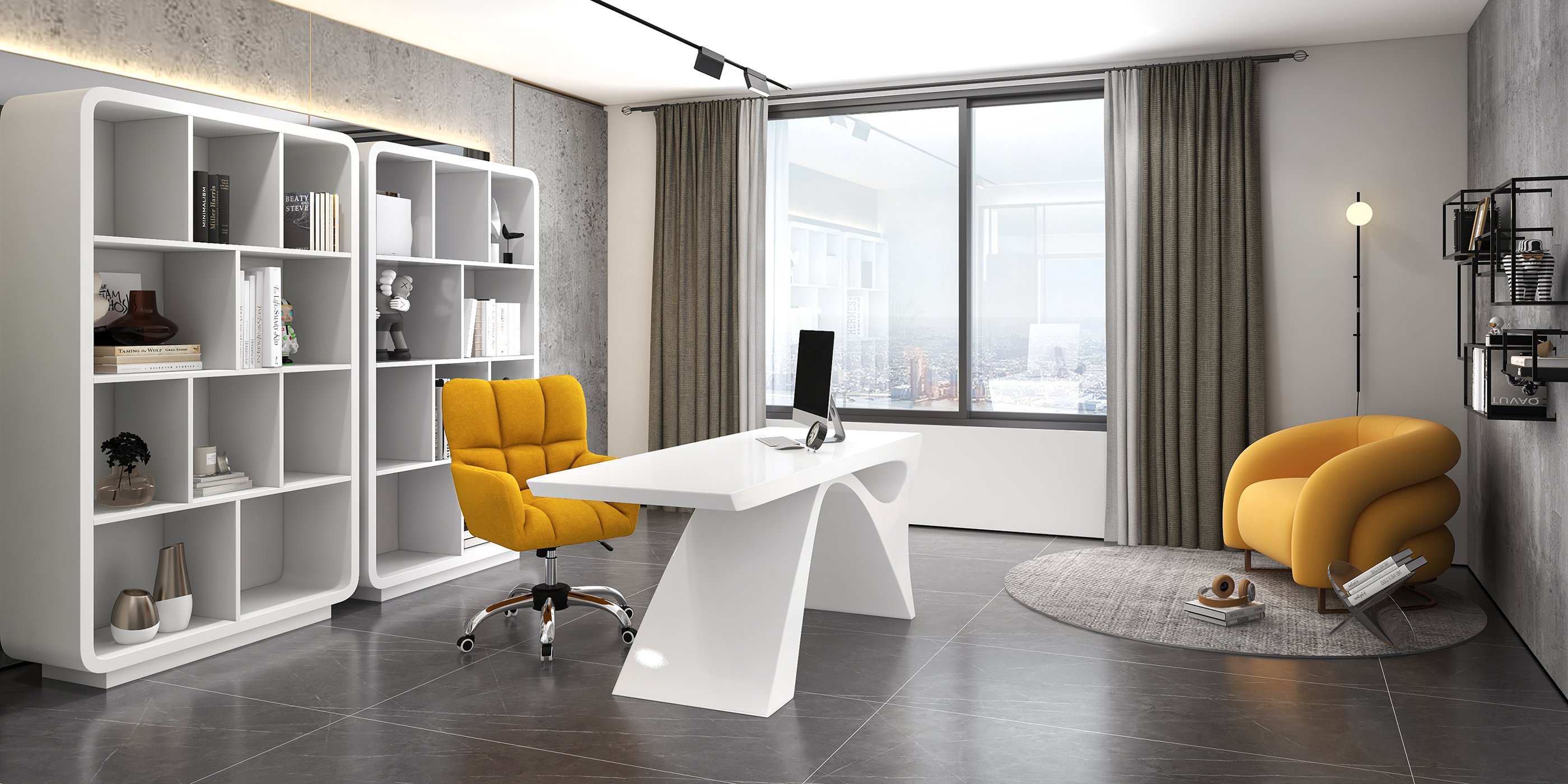 HMR - Creative & Modern Yellow Solid Wood & Velvet Accent Chair with Metal Base