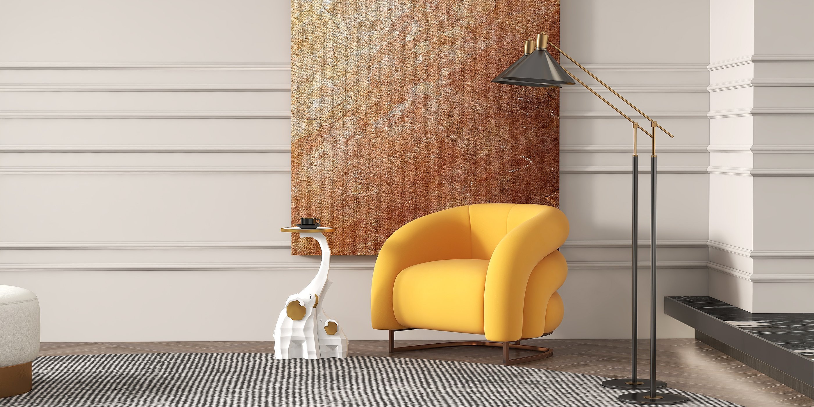 HMR - Creative & Modern Yellow Solid Wood & Velvet Accent Chair with Metal Base