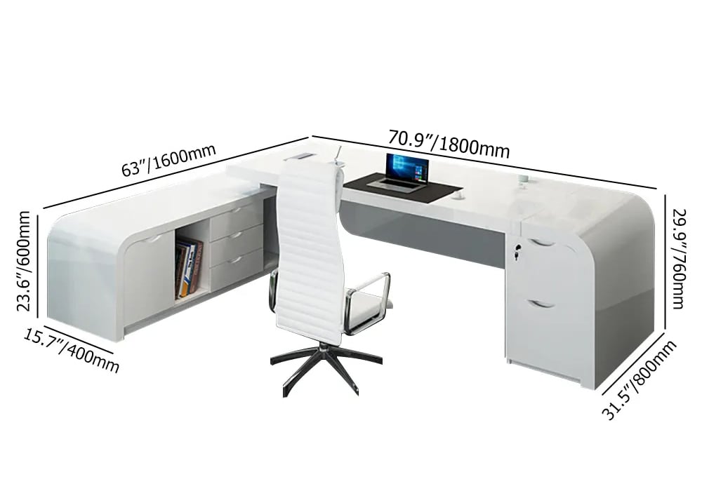 HMR Chicent L-shaped Modern Executive Desk with Ample Storage - White, 70.9"L x 63.0"W x 29.9"H, Left Hand