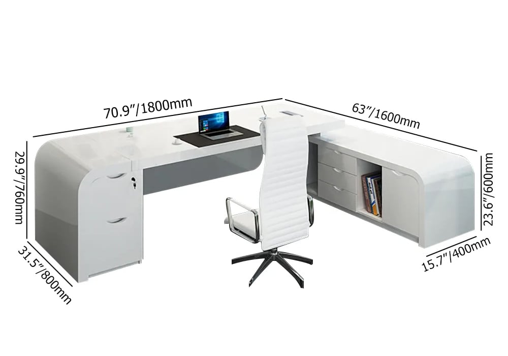 HMR Chicent L-shaped Modern Executive Desk with Ample Storage - White, 70.9"L x 63.0"W x 29.9"H, Right Hand