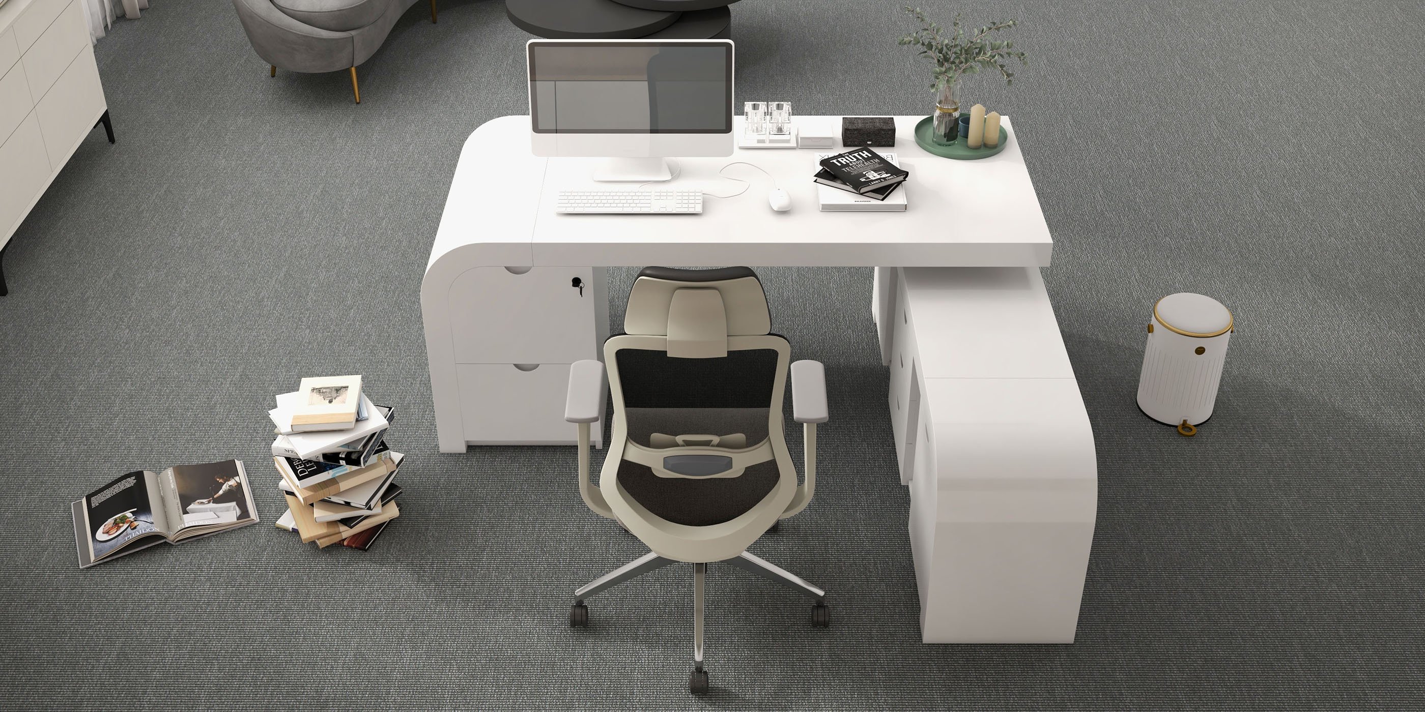 HMR Chicent L-shaped Modern Executive Desk with Ample Storage - White, 63.0"L x 63.0"W x 29.9"H, Right Hand