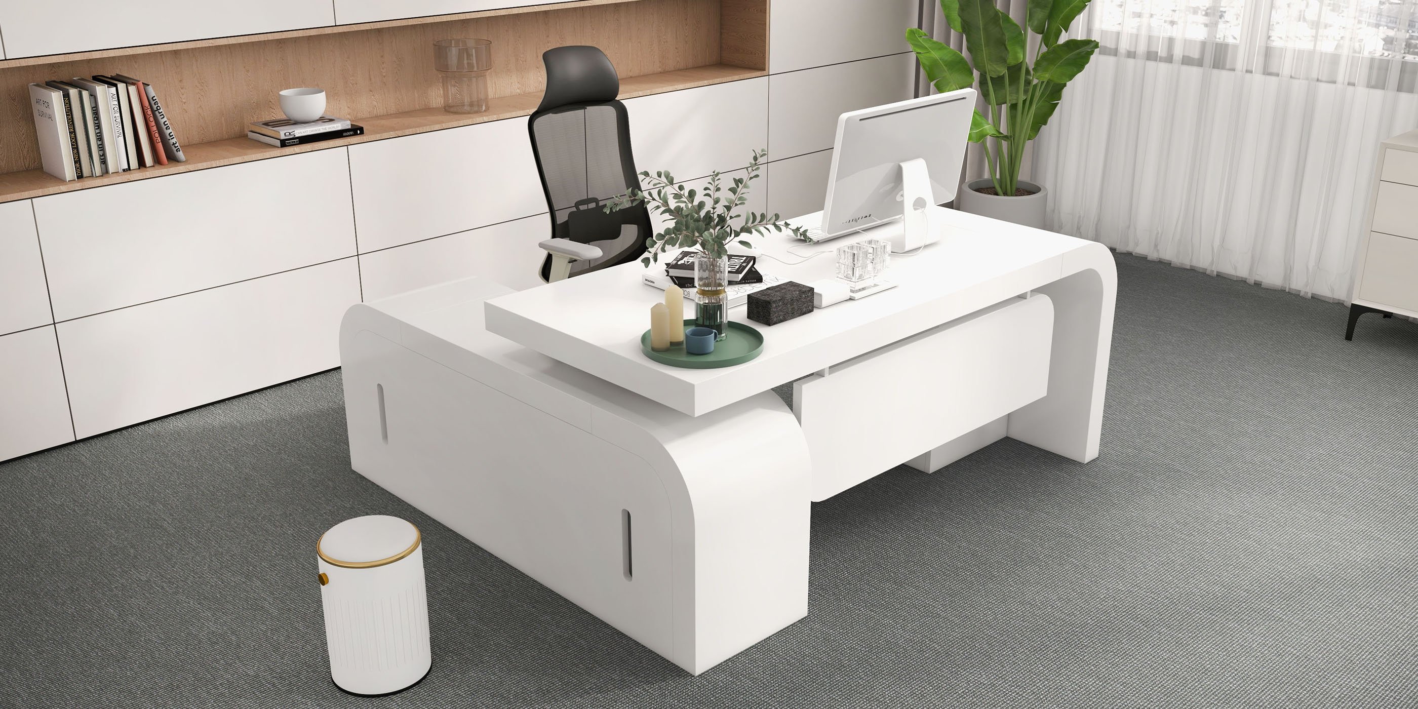 HMR Chicent L-shaped Modern Executive Desk with Ample Storage - White, 63.0"L x 63.0"W x 29.9"H, Right Hand