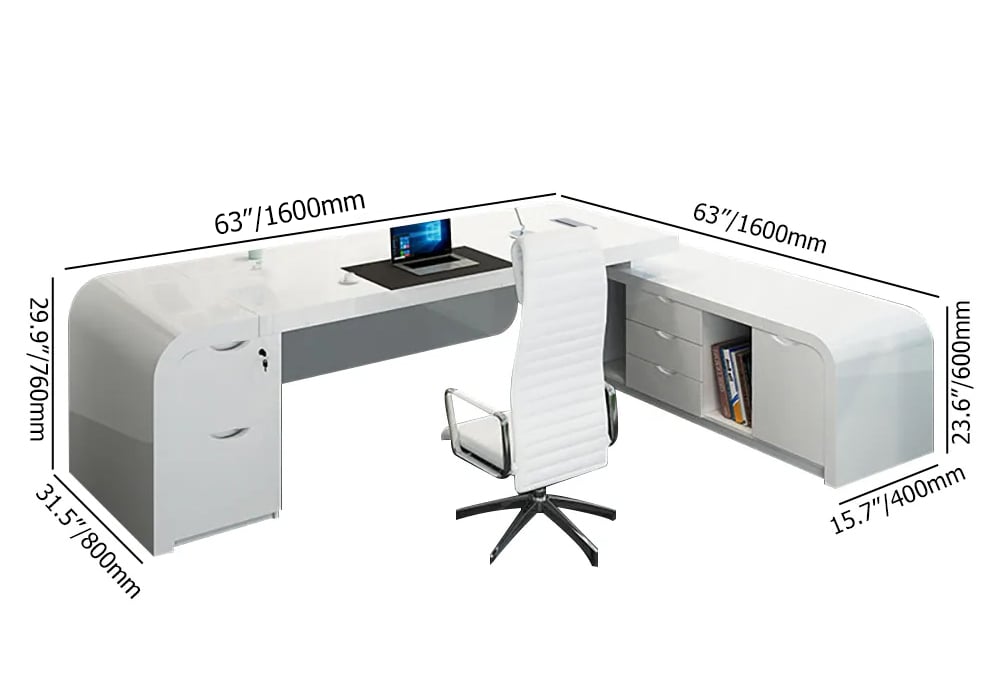 HMR Chicent L-shaped Modern Executive Desk with Ample Storage - White, 63.0"L x 63.0"W x 29.9"H, Right Hand