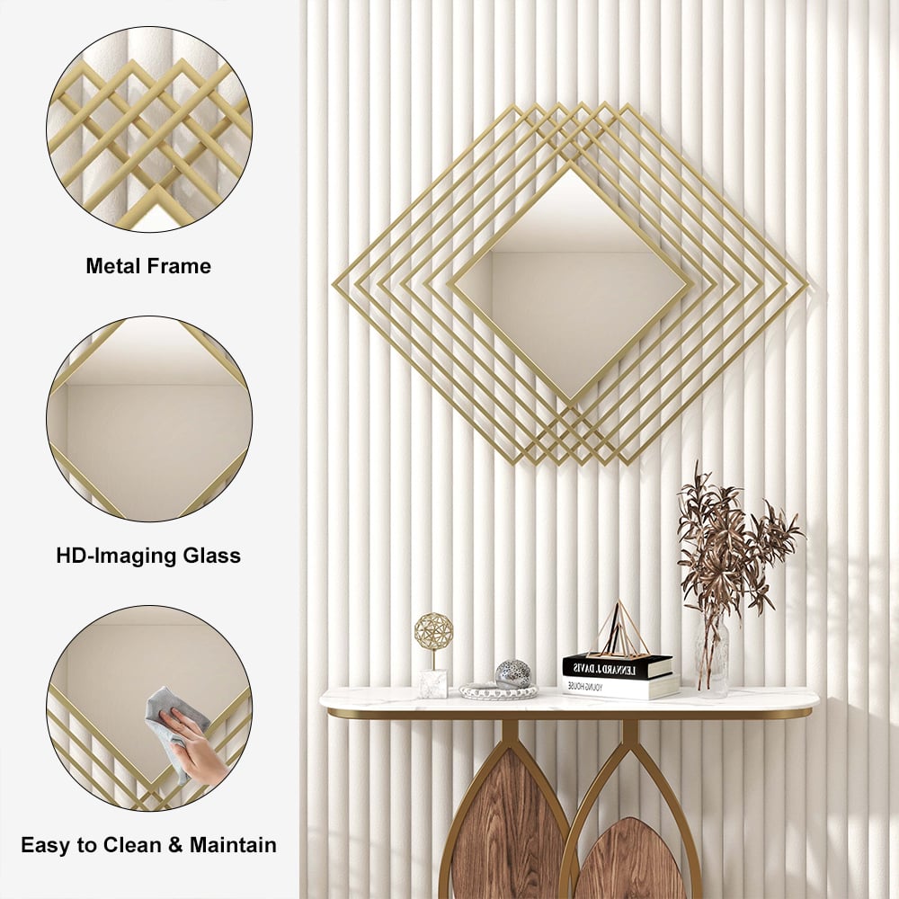 HMR - Modern Luxury Overlapping Geometric Rhombus Gold Metal Wall Mirror