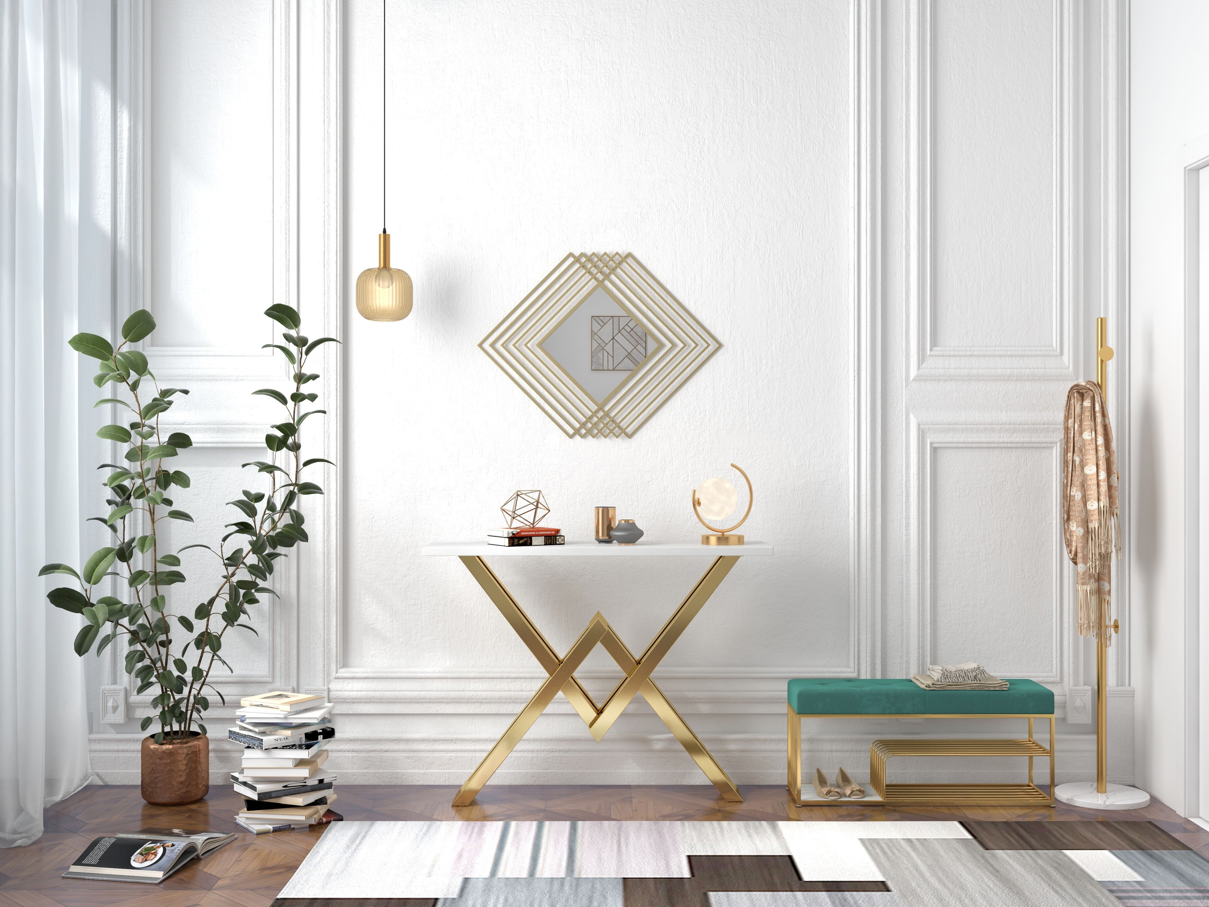 HMR - Modern Luxury Overlapping Geometric Rhombus Gold Metal Wall Mirror