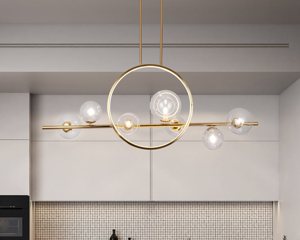 HMR Bubi Modern Linear Kitchen Island Light for Dining Room with Glass Globe Shade - Gold, 7-Light
