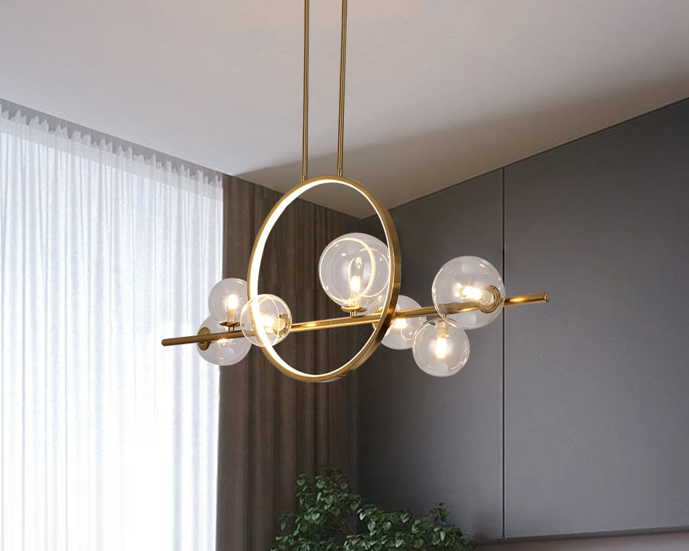 HMR Bubi Modern Linear Kitchen Island Light for Dining Room with Glass Globe Shade - Gold, 7-Light