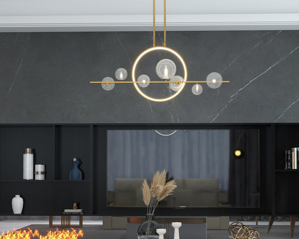 HMR Bubi Modern Linear Kitchen Island Light for Dining Room with Glass Globe Shade - Gold, 7-Light