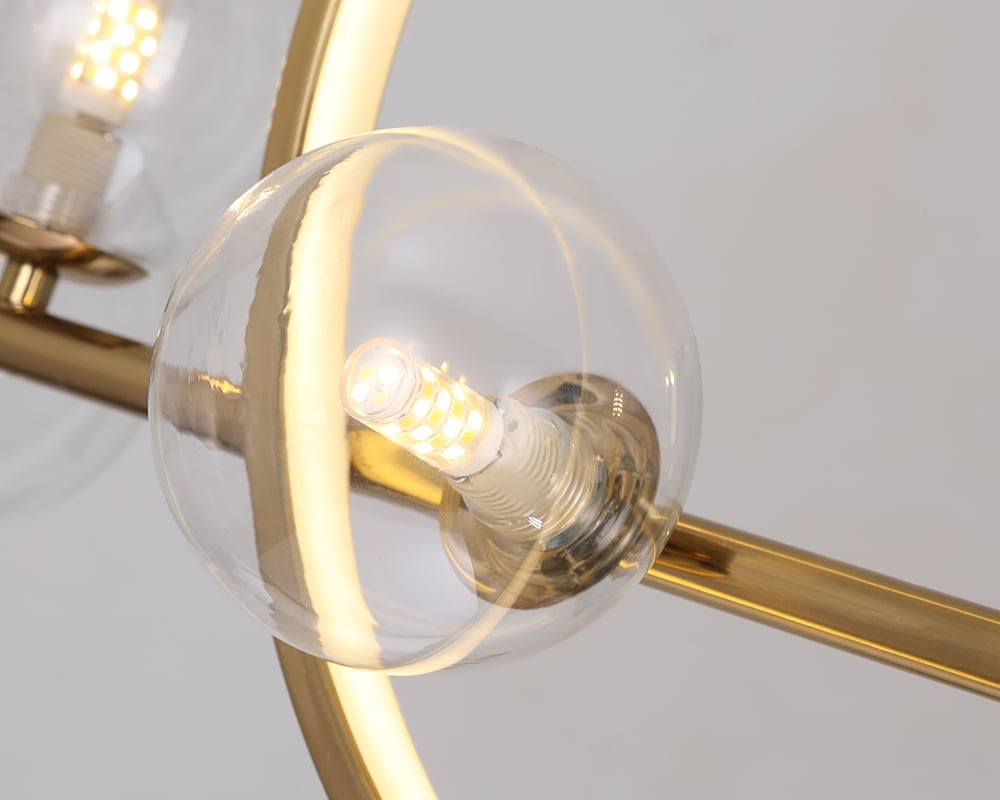 HMR Bubi Modern Linear Kitchen Island Light for Dining Room with Glass Globe Shade - Gold, 7-Light