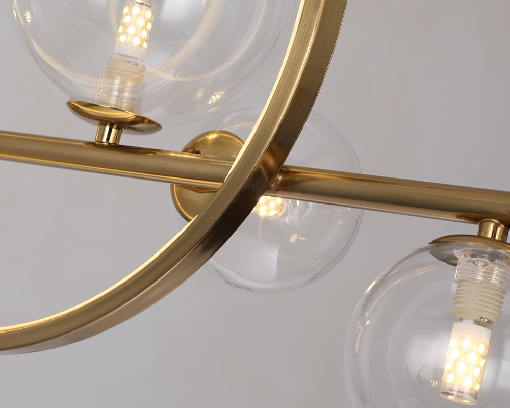 HMR Bubi Modern Linear Kitchen Island Light for Dining Room with Glass Globe Shade - Gold, 7-Light