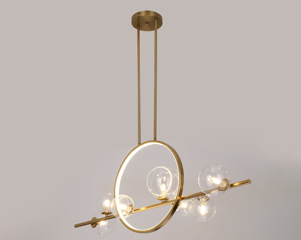 HMR Bubi Modern Linear Kitchen Island Light for Dining Room with Glass Globe Shade - Gold, 7-Light