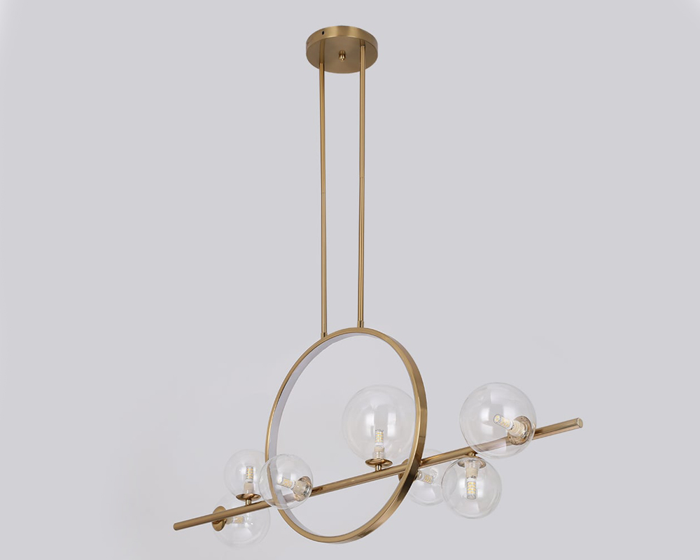 HMR Bubi Modern Linear Kitchen Island Light for Dining Room with Glass Globe Shade - Gold, 7-Light