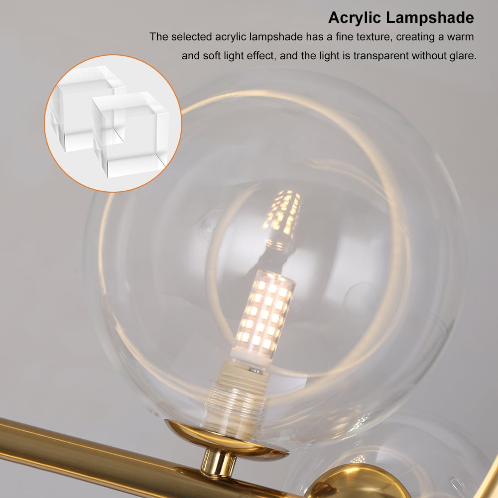 HMR Bubi Modern Linear Kitchen Island Light for Dining Room with Glass Globe Shade - Gold, 7-Light