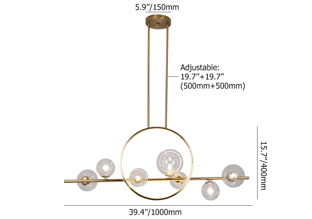 HMR Bubi Modern Linear Kitchen Island Light for Dining Room with Glass Globe Shade - Gold, 7-Light