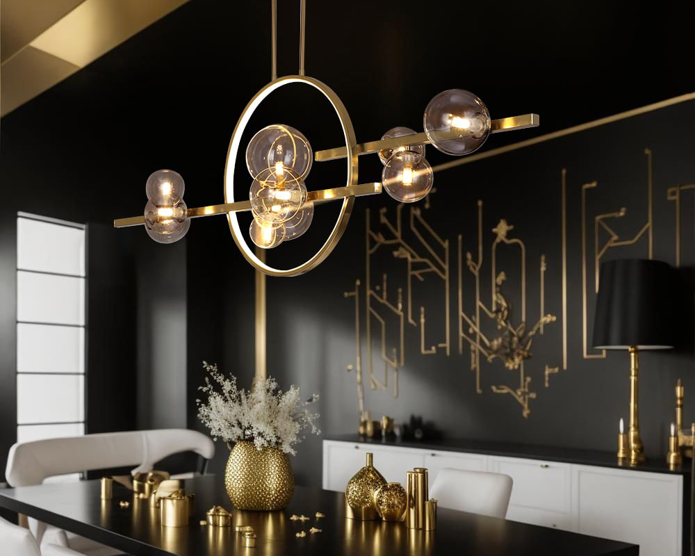 HMR Bubi Modern Linear Kitchen Island Light for Dining Room with Glass Globe Shade - Gold, 10-Light
