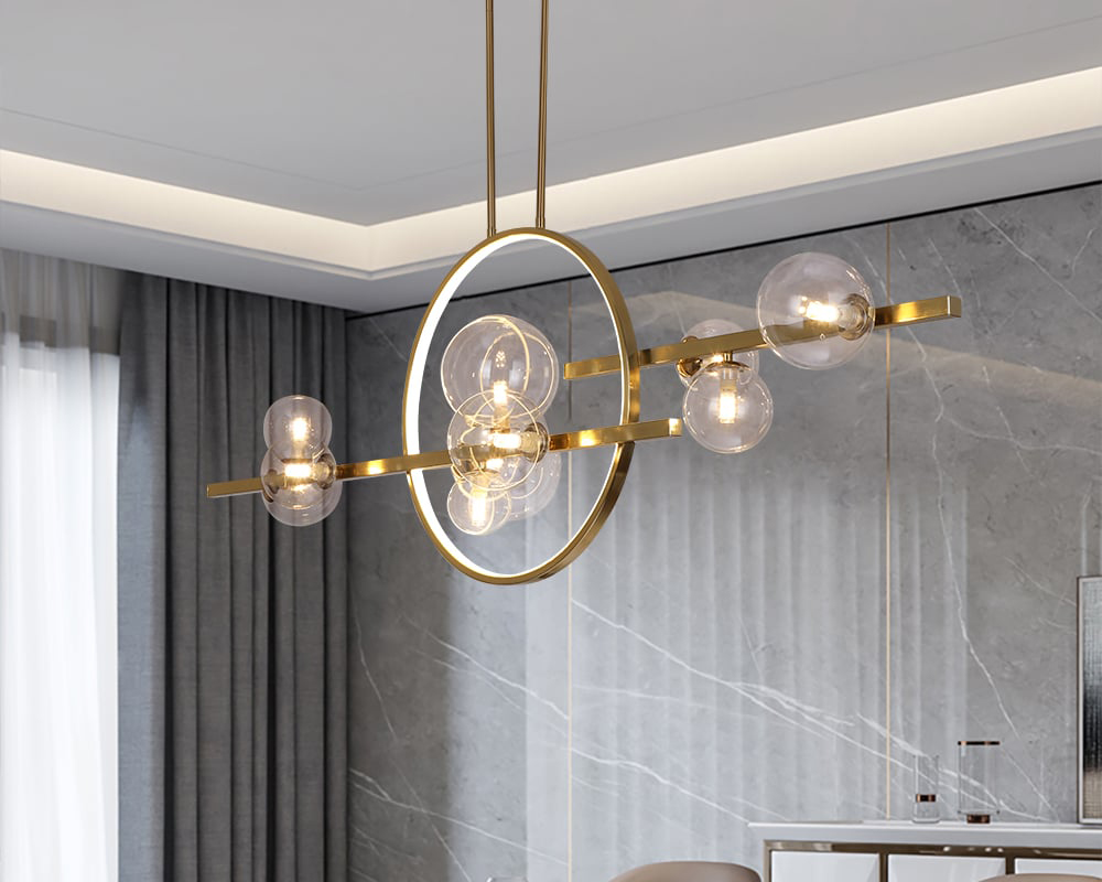 HMR Bubi Modern Linear Kitchen Island Light for Dining Room with Glass Globe Shade - Gold, 10-Light