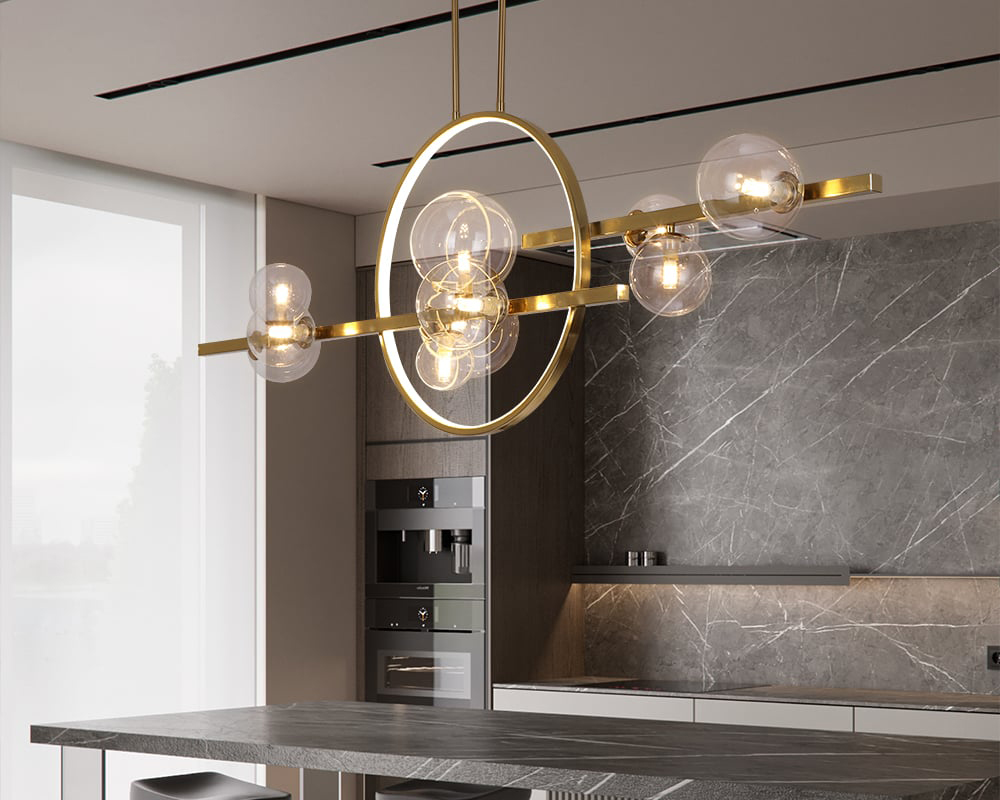 HMR Bubi Modern Linear Kitchen Island Light for Dining Room with Glass Globe Shade - Gold, 10-Light