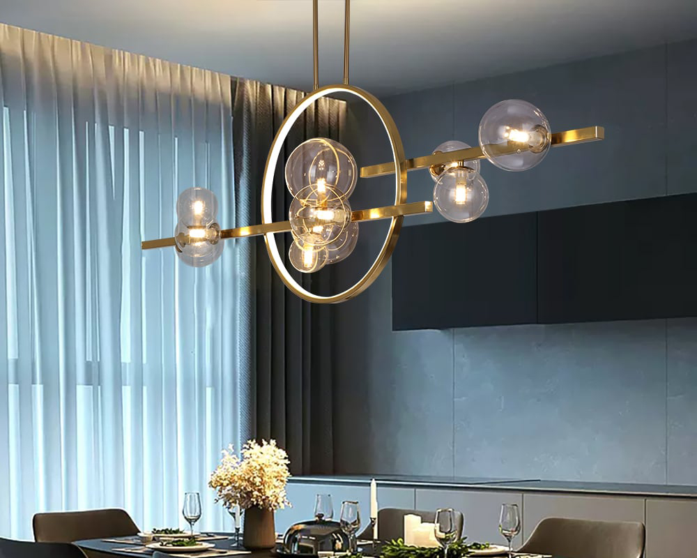HMR Bubi Modern Linear Kitchen Island Light for Dining Room with Glass Globe Shade - Gold, 10-Light
