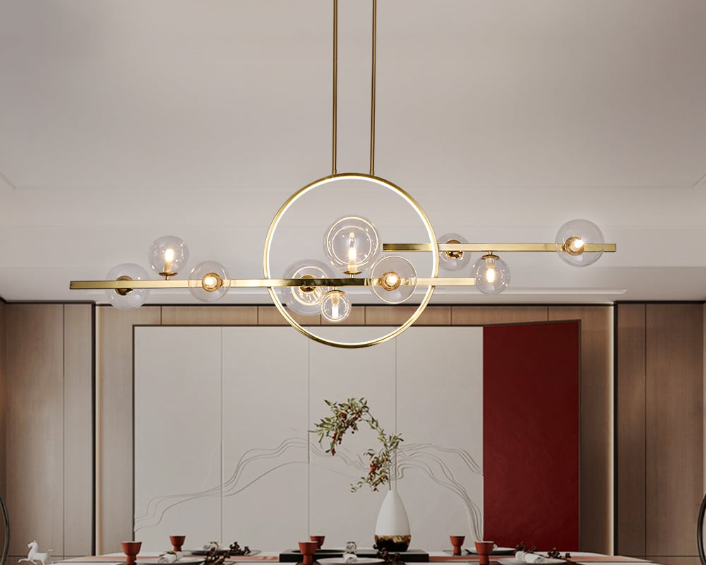 HMR Bubi Modern Linear Kitchen Island Light for Dining Room with Glass Globe Shade - Gold, 10-Light