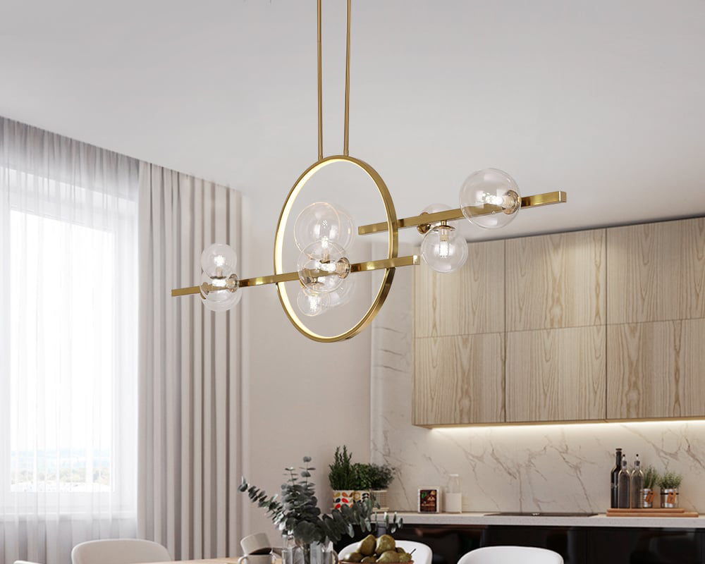 HMR Bubi Modern Linear Kitchen Island Light for Dining Room with Glass Globe Shade - Gold, 10-Light
