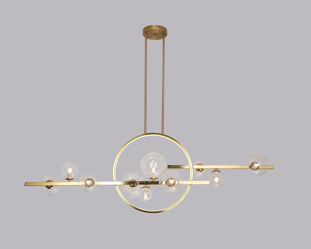 HMR Bubi Modern Linear Kitchen Island Light for Dining Room with Glass Globe Shade - Gold, 10-Light