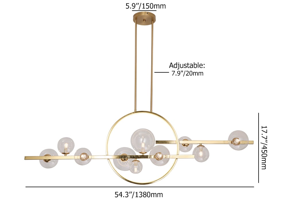 HMR Bubi Modern Linear Kitchen Island Light for Dining Room with Glass Globe Shade - Gold, 10-Light