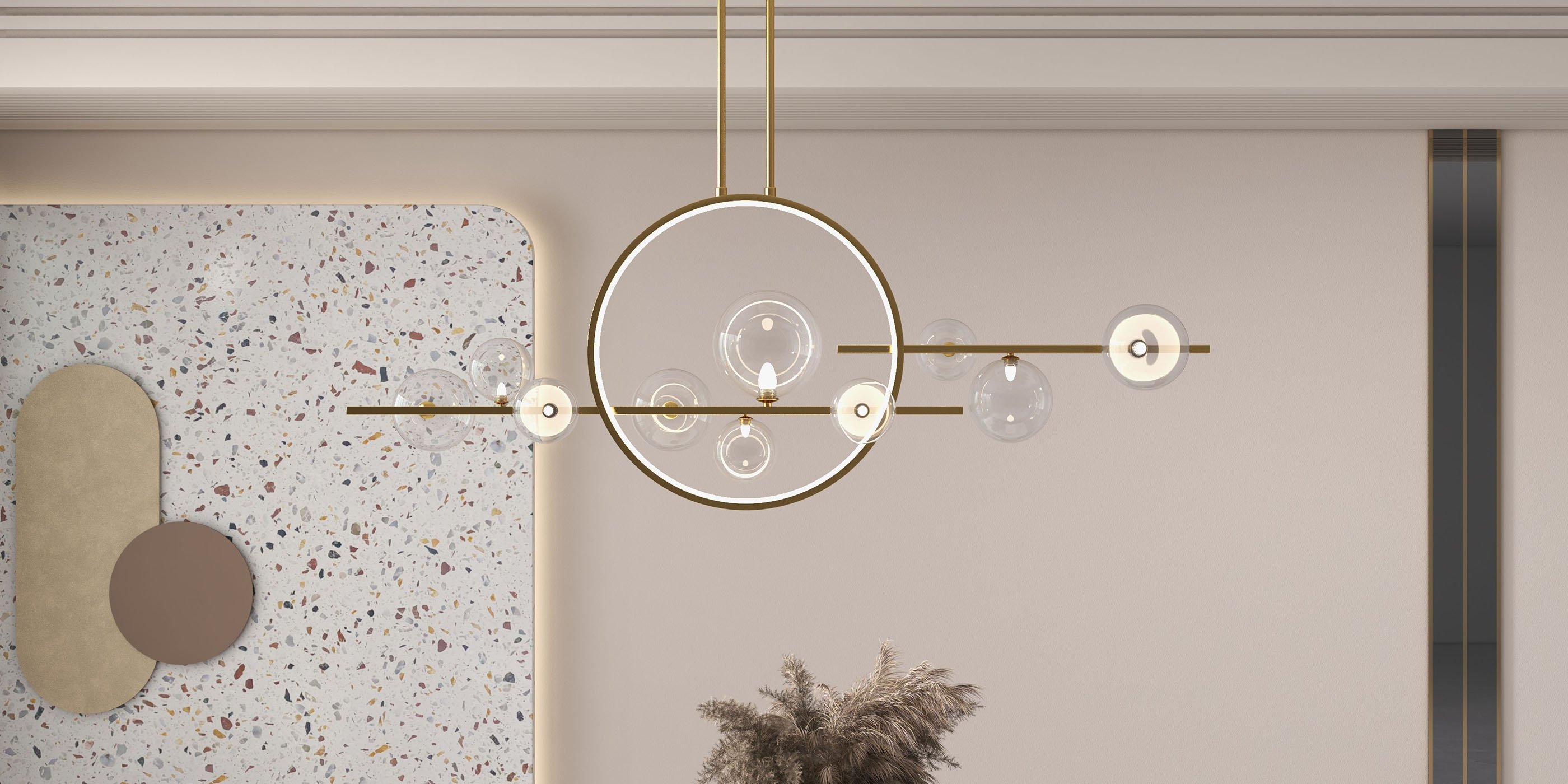 HMR Bubi Modern Linear Kitchen Island Light for Dining Room with Glass Globe Shade - Gold, 10-Light