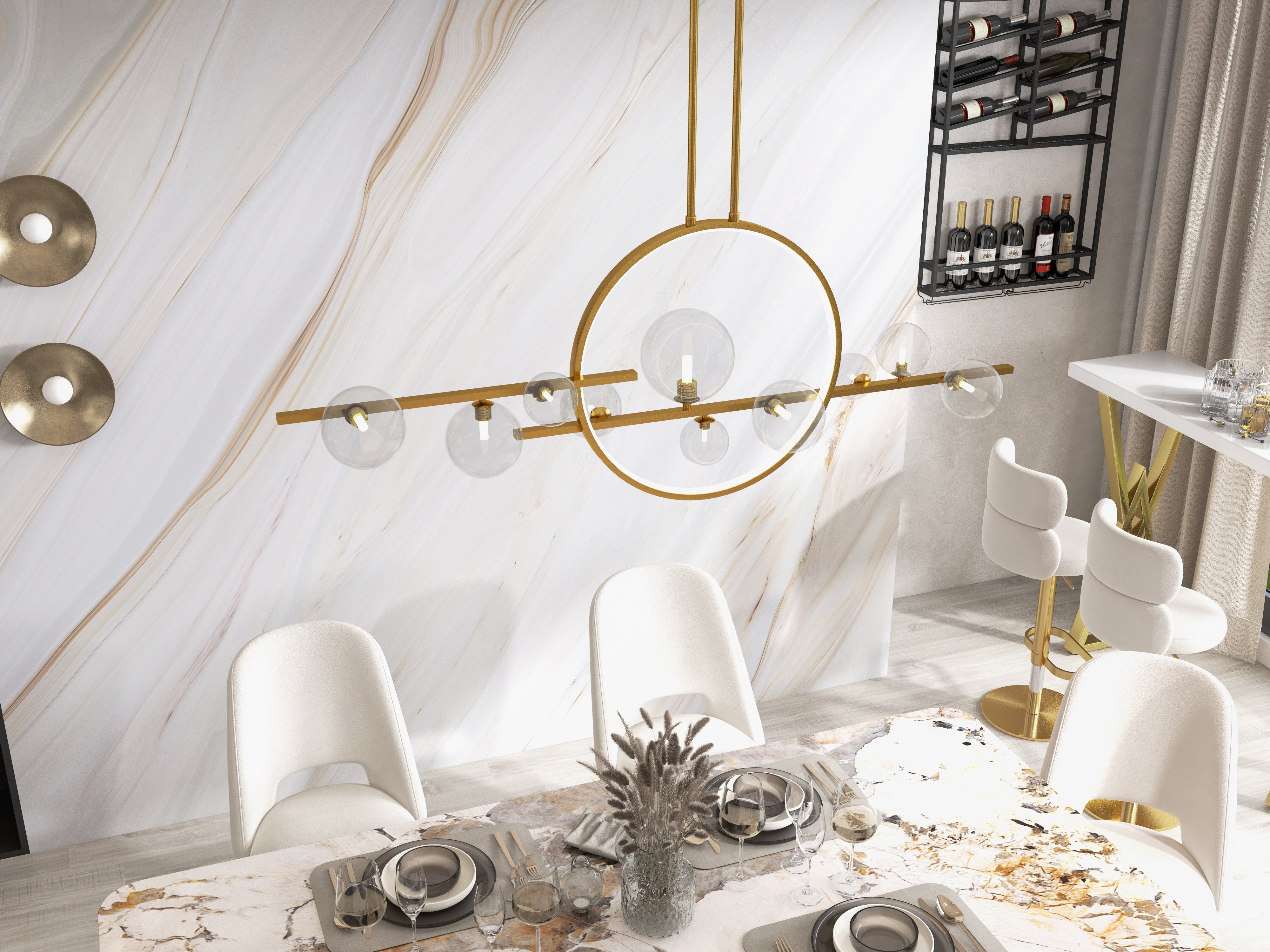HMR Bubi Modern Linear Kitchen Island Light for Dining Room with Glass Globe Shade - Gold, 10-Light